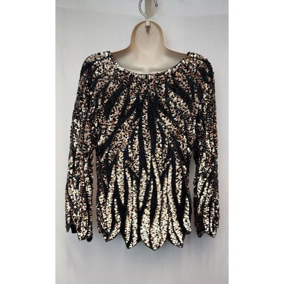 Oleg Cassini V-Neck Scalloped Black Jewel Beaded Sequin Silk Top Size Small - Picture 6 of 9